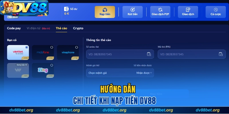 Hướng dẫn chi tiết khi nạp tiền DV88